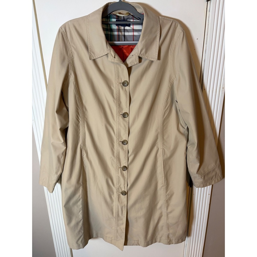 Lands End Womens Large 14-16 Tan Beige Button Front Trench Coat Plaid Lined